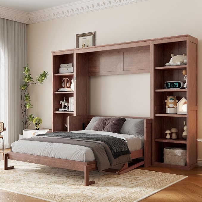MERITLINE Full Murphy Bed with Desk and Storage Shelves, Solid Wood Vertical Murphy Wall Bed Cabinet with Storage Bookshelves Bookcase for Living Room, Guest Room (Full,Dark Brown)