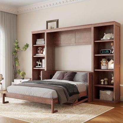 MERITLINE Full Murphy Bed with Desk and Storage Shelves, Solid Wood Vertical Murphy Wall Bed Cabinet with Storage Bookshelves Bookcase for Living Room, Guest Room (Full,Dark Brown)