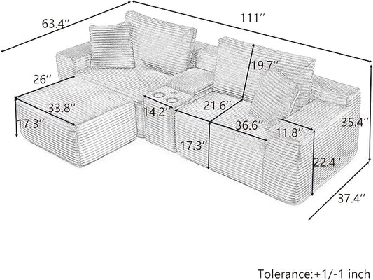 ivoros 111 Inch Modular Sectional Sofa Couch, Oversized Modern Cloud Couch for Living Room, L Shape Couches with Ottomans, USB Ports and Cup Holders, Beige Corduroy Boneless Sofas, Sofa in a Box