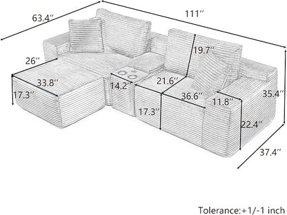 ivoros 111 Inch Modular Sectional Sofa Couch, Oversized Modern Cloud Couch for Living Room, L Shape Couches with Ottomans, USB Ports and Cup Holders, Blue Corduroy Boneless Sofas, Sofa in a Box