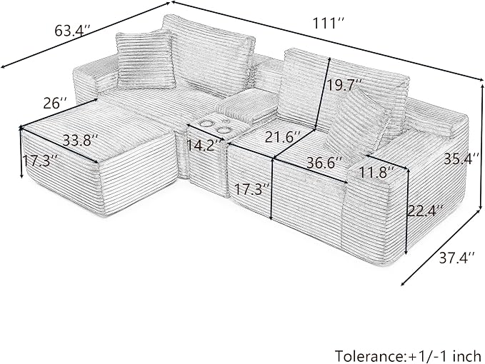 ivoros 111 Inch Modular Sectional Sofa Couch, Oversized Modern Cloud Couch for Living Room, L Shape Couches with Ottomans, USB Ports and Cup Holders, Orange Corduroy Boneless Sofas, Sofa in a Box