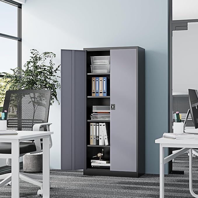 Fesbos 71” Tall Metal Storage Cabinet- Steel File Cabinets with Lockable Doors and Adjustable Shelves-Black&Gray Steel Storage Cabinet for Home,Kitchen, School, Office, Garage