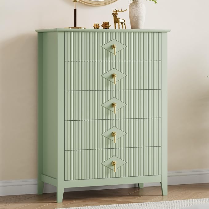 GarveeHome Fluted Dresser for Bedroom, 42.9" Tall 5-Drawer Wood Dresser, Modern Chest of Drawers, Storage Organizer Cabinet for Living Room, Hallway, Entryway, Green