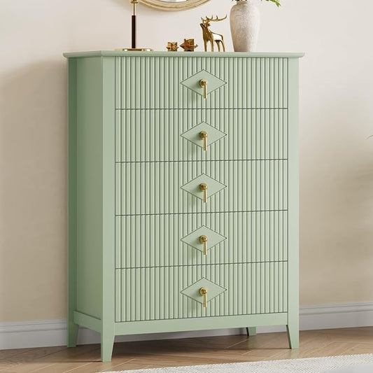 GarveeHome Fluted Dresser for Bedroom, 42.9" Tall 5-Drawer Wood Dresser, Modern Chest of Drawers, Storage Organizer Cabinet for Living Room, Hallway, Entryway, Green