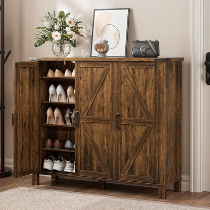 ALLSTAND 5-Tier Shoe Storage Cabinet, Farmhouse Shoe Rack Organizer Cabinet with 4 Adjustable Shelves & Side Cabinets, Freestanding Shoe Cabinet Storage with Anti-tip Fitting for Entryway, Brown