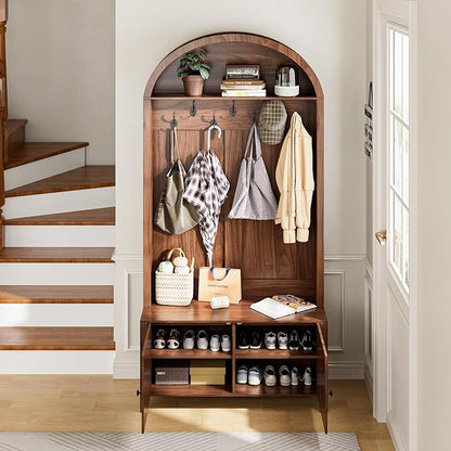 Hall Tree with Bench and Shoe Storage, Entryway Storage Bench with Coat Rack, 78.74" Coat Rack with 7 Hooks and Adjustable Shelves, Farmhouse Style Furniture Organizer for Hallway (Walnut, 78.74"H)