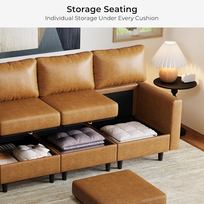 ABCASA Faux Leather Modular Sectional Sofa with Storage Seat, 118.5" 4 Seater Couch Deep Seat with Removable Cover Brown