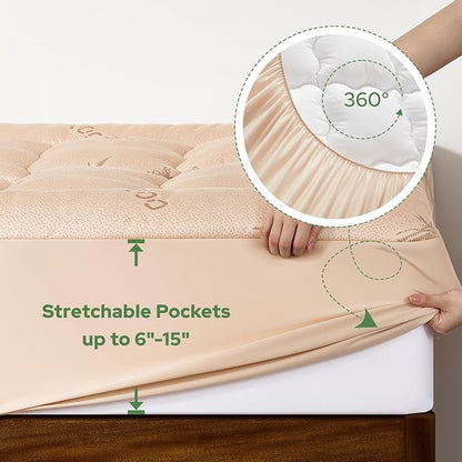 BEDLORE Twin XL Mattress Topper Viscose Derived from Bamboo, Thick Pillow Top Mattress Pad with Deep Pockets for 6-15 inches Mattress, Soft Mattress Topper College Dorm Size for Back Pain(Beige)