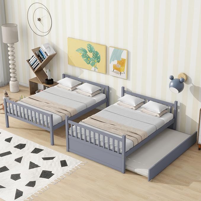 Bellemave Full Over Full Bunk Bed with Trundle,Convertible Bunk Beds with Ladder & Safety Guardrails,Full Size Trundle Bunk Beds for Kids Girls Boys,Grey