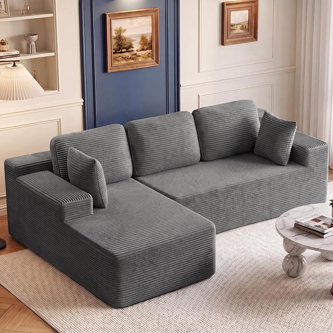 Homall 110" Boneless Sectional Couch, Modular Sectional Sofa L-Shape Couch with Deep Seat, Cloud Comfy Boneless Couch for Living Room, No Assembly Required (Corduroy, Grey)
