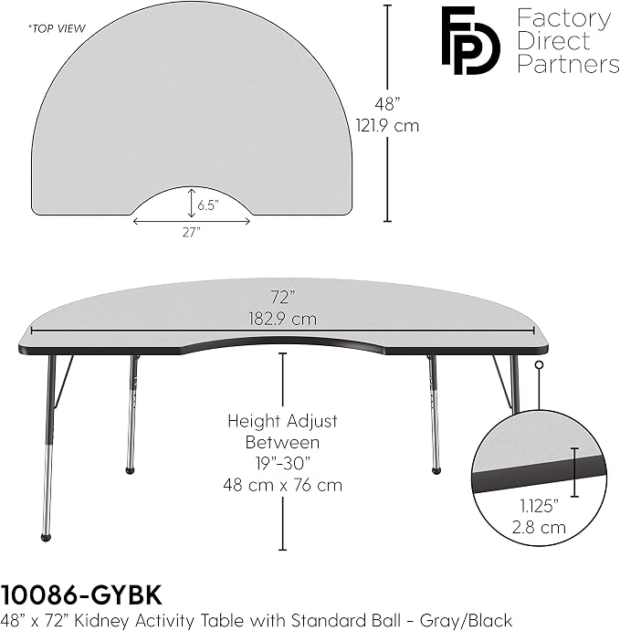 FDP Kidney Activity School and Office Table (48 x 72 inch), Standard Legs with Ball Glides for Collaborative Seating Environments, Adjustable Height 19-30 inches - Gray Top and Black Edge
