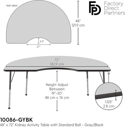 FDP Kidney Activity School and Office Table (48 x 72 inch), Standard Legs with Ball Glides for Collaborative Seating Environments, Adjustable Height 19-30 inches - Gray Top and Black Edge