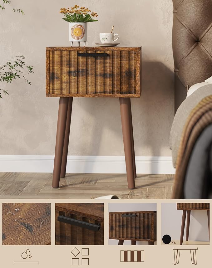 YMYNY Fluted Nightstand Set of 2, Small End Table, Modern Coffee Table with Drawer, Solid Wood Legs, Retaining Chain, 13.8" x 10.6" x 20.9", for Bedroom and Small Spaces, Rustic Brown UHST014H-2