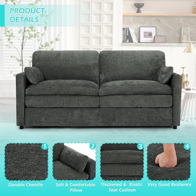 69” Chenille Love seat Sofa w/Arm Pillows, Upholstered 2 Seater Sofa w/Comfortable Back Cushions, Modern 2 Seats Couch w/High-Density Foam for Living Room, Apartment, Office, Grey