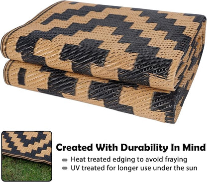 SAND MINE Reversible Mats, Plastic Straw Rug, Modern Area Rug, Large Floor Mat and Rug for Outdoors, RV, Patio, Backyard, Deck, Picnic, Beach, Trailer, Camping, Black & Brown, 5' x 8'