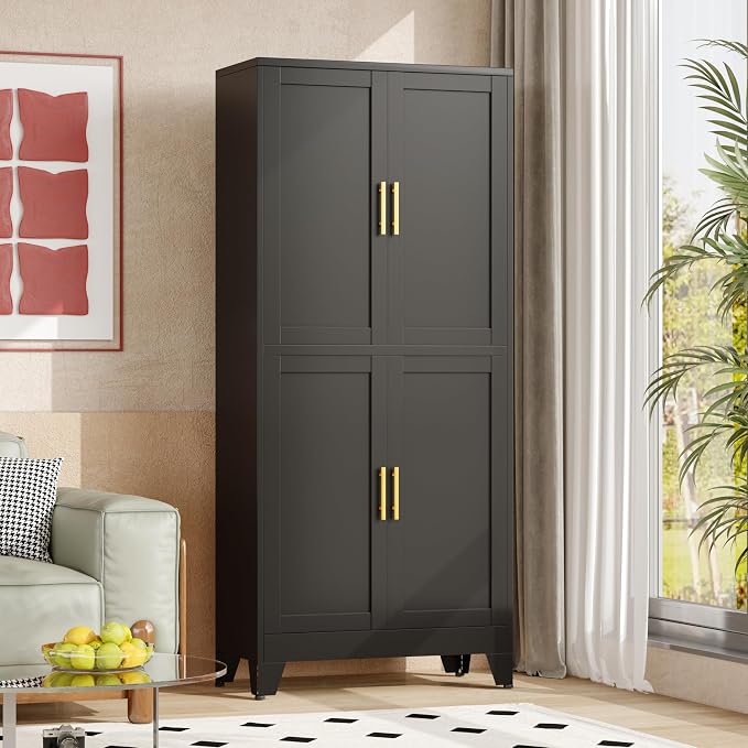 winiowa 75" Tall Kitchen Pantry Cabinet, Metal Storage Cabinet with Doors and Adjustable Shelves, Black Freestanding Pantry Cabinet for Kitchen, Dining Room, Living Room, Laundry Room, Bathroom