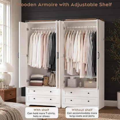 Yechen 71" Wooden Armoire Wardrobe Closet - Modern Functional Clothes Tall Storage Cabinet with Adjustable Shelf and Hanging Rail, Sturdy Freestanding Closet Wardrobe with 2 Wide Drawers for Bedroom