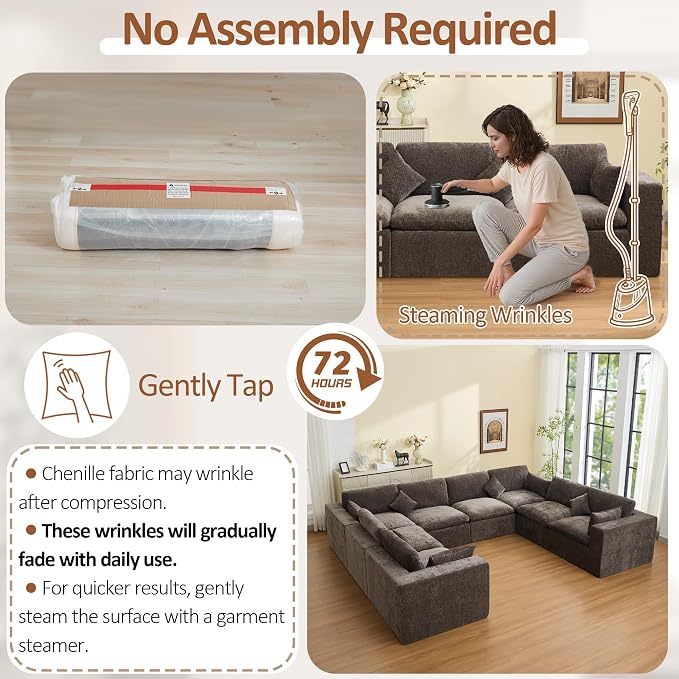 146''Cloud Boneless Sectional Couch, Modular Sectional Sofa Deep Seat, Oversized Upholstered Convertible Comfy 8 Seater Chenille Memory Foam Sofa U Shape Couches for Living Room, Brown