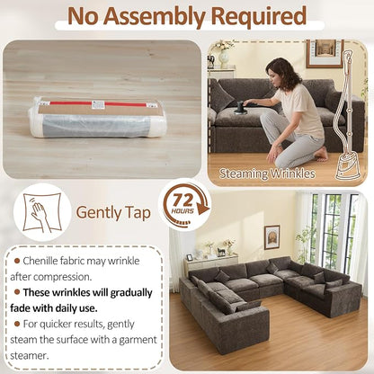 146''Cloud Boneless Sectional Couch, Modular Sectional Sofa Deep Seat, Oversized Upholstered Convertible Comfy 8 Seater Chenille Memory Foam Sofa U Shape Couches for Living Room, Brown