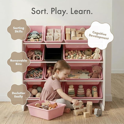 Humble Crew Toy Storage Organizer with 12 Removable Storage Bins for Kids Playroom, 4-Tier Toddler Toy Organization, White/Pink