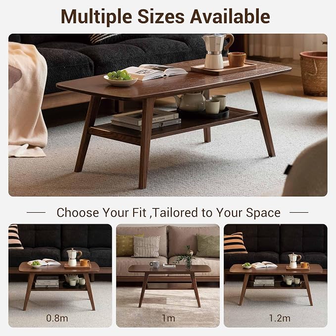 100% Solid Wood Coffee Table for Living Room, Mid Century Modern Small Tables with Shelf Storage, Storage Coffee Table with Rounded Corners (Oak Wood Walnut Color, 47.24" L)