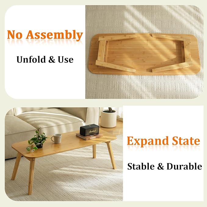 Baveke Folding Coffee Table- Foldable Floor Tables, Mid Century Coffee Table for Living Room, Small Coffee Tables Solid Wood Japanese Low Table for Sitting on Floor, No Assembly, 47.2''-Natural
