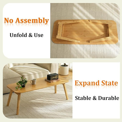 Baveke Folding Coffee Table- Foldable Floor Tables, Mid Century Coffee Table for Living Room, Small Coffee Tables Solid Wood Japanese Low Table for Sitting on Floor, No Assembly, 47.2''-Natural