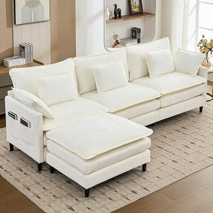 113" Chenille Modular Sectional Sofa, Convertible L Shaped Modular Sofa Comfy Cloud Couch with Ottoman, Side Pockets and 5 Throw Pillows for Living Room (Beige, 113'' - 4 Seat)