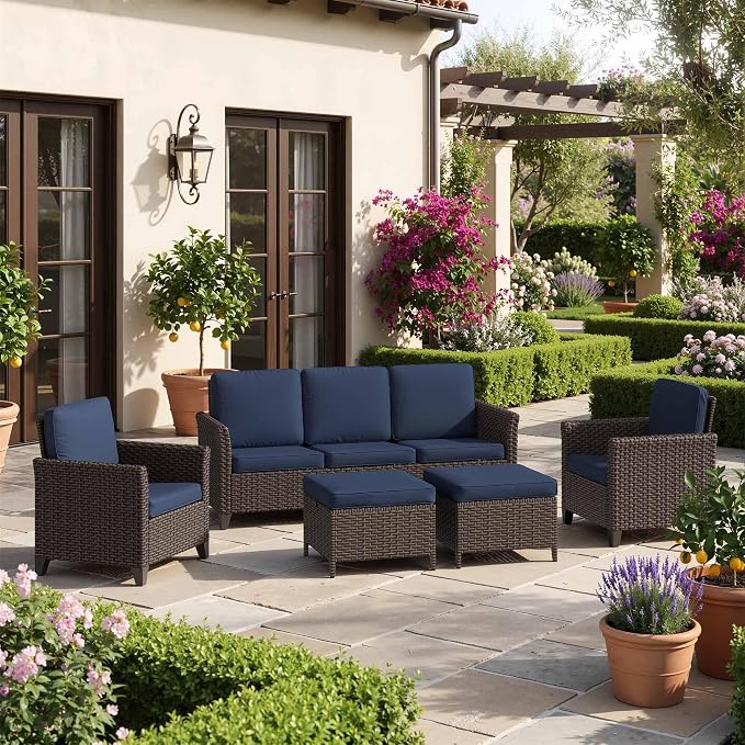 5 Pieces Patio Furniture Set, PE Wicker 75" Couch with 2 High Back Chairs & 2 Ottomans, All-Weather Rattan Furniture with Waterproof Cushions for Deck, Garden, Porch