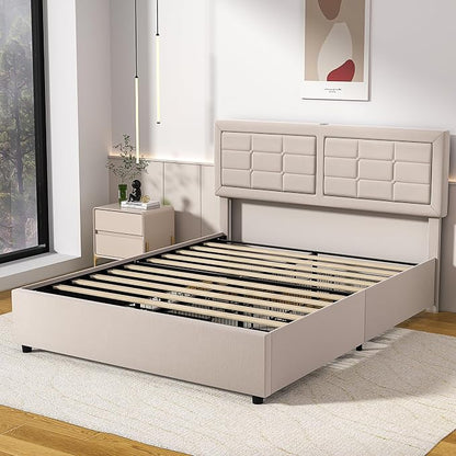 VECELO Queen Size Bed Frame with 4 Storage Drawers & Adjustable Headboard, Built-in Charging Station, Upholstered Bedframe with Wood Slats Support, Beige