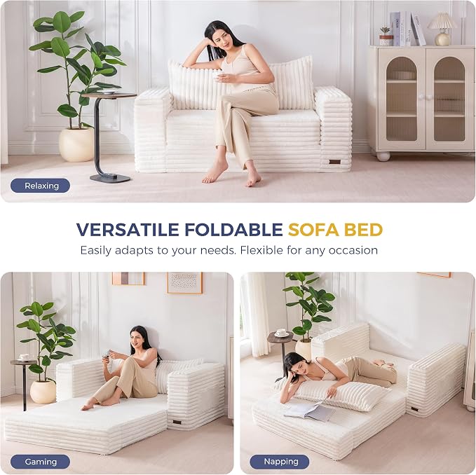MAXYOYO Convertible Sofa Bed, 2 in 1 Folding Couch Bed for Small Space, Pull Out Loveseat Sofa Couch with Large Back Pillow, Plush Faux Fabric Lounge Couch for Living Room, Apartment, Beige
