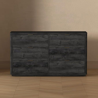 Manhattan Comfort Evelyn 60" Wide Modern Wood Dresser with 6 Drawers, Premium Storage Drawers with Rounded Edges and Brushed Gold Handles, Versatile Home Furniture, Charcoal Gray