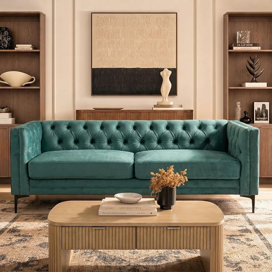 HULALA HOME 84" W Faux Leather Sofa Couch with Metal Legs, Button-Tufted 3-Seater Sofa, Mid Century Modern Contemporary Upholstered Couch for Living Room, Entertainment Area, Apartment,Green