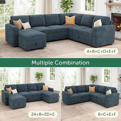 HONBAY Modular Sectional Sleeper Couch with Pull Out Bed, Corduroy L Shaped Sofa with Storage, Convertible Sectional Couches for Living Room, Blue