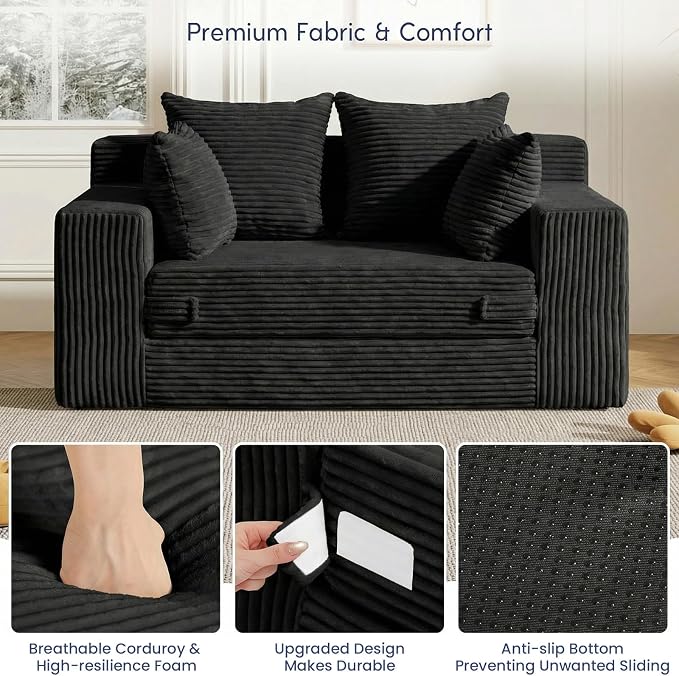 cidludto Boneless Couch Loveseat Sleeper, Convertible Sofa Bed Folding Couch Bed Foldable, 2 in 1 Boneless Chair Bed & Futon Sofa Bed, Small Pull Out Sofa with 4 Pillows for Living Room, Black