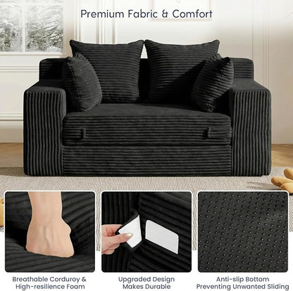 cidludto Boneless Couch Loveseat Sleeper, Convertible Sofa Bed Folding Couch Bed Foldable, 2 in 1 Boneless Chair Bed & Futon Sofa Bed, Small Pull Out Sofa with 4 Pillows for Living Room, Black