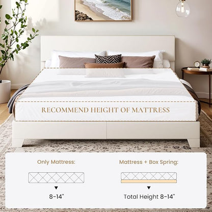 SHA CERLIN PU Leather Upholstered King Size Bed Frame with Headboard,White | Adjustable Low-Profile Platform Bed, Minimalist Design, Stable Mattress Foundation, Strong Back-Support, No Box Spring Needed
