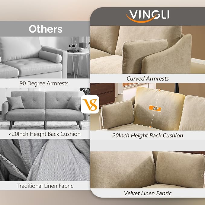 VINGLI 84" Extra Deep Seat Sofa Couch, 3 Seater Upholstered Living Room Couches with 2 Piped Seater Cushions, Throw Pillows, Modern Linen Velvet Fabric Sofa for Apartment Bedroom Office