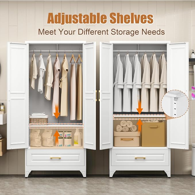 71" Tall Armoire Wardrobe Closet with with Drawer, Metal Storage Wardrobe with Hanging Rod, Clothing Storage Cabinets, White Bedroom Armoires with Adjustable Shelf, Steel Closet Cabinet for Bathroom
