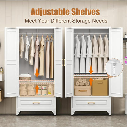 71" Tall Armoire Wardrobe Closet with with Drawer, Metal Storage Wardrobe with Hanging Rod, Clothing Storage Cabinets, White Bedroom Armoires with Adjustable Shelf, Steel Closet Cabinet for Bathroom