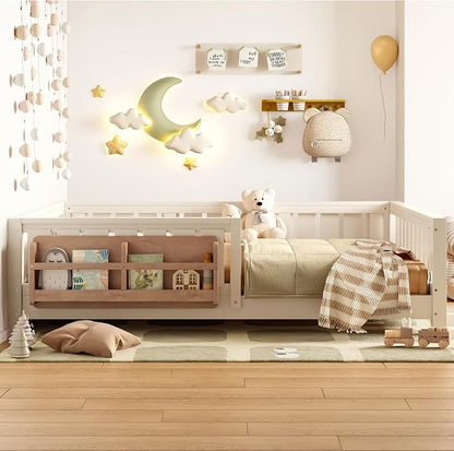 Bellemave Full Floor Bed with Slats and Rails, Full Size Montessori Floor Bed with Bookcase and Fence, Easy Assemble Montessori Beds for Girls, Boys, Beige Floor Beds