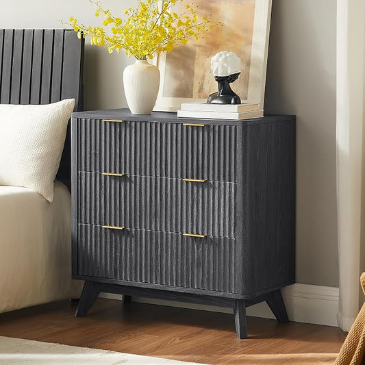 T4TREAM Fluted 3 Drawers Nightstand, Oversized Extra Large Modern Side Table, End Table Bedside for Bedroom, Living Room, Curved Profile Design, Dark Alder