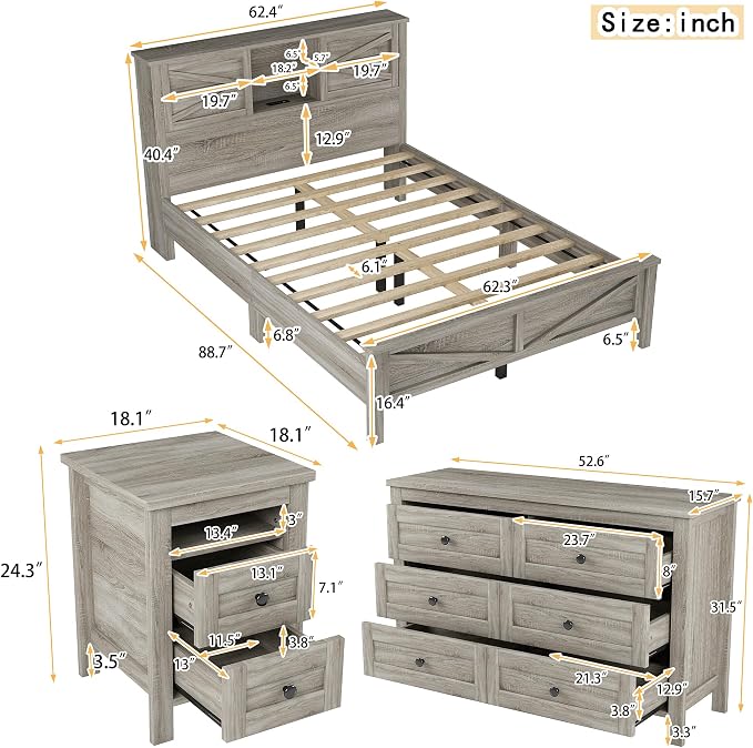 3 Pieces Bedroom Furniture Set Queen Size Bed Frame with Storage Headboard and Charging Station, Farmhouse Platform Bed Frames with Nightstand and Dresser, for Bedroom, Living Room (Gray, Queen)