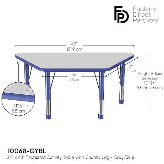 FDP Trapezoid Activity School and Classroom Kids Table (24 x 48 inch), Chunky Toddler Legs for Collaborative Seating Environments, Adjustable Height 15-24 inches - Gray Top and Blue Edge