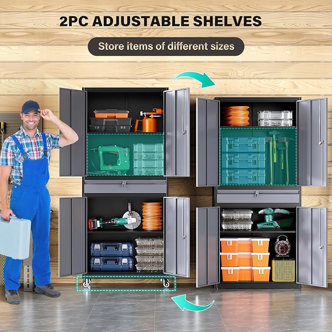 Metal Garage Storage Cabinet with Wheels and Drawer,Gray Rolling Garage Cabinet with Locking Doors and Adjustable Shelves,73" Tall Mobile Metal Storage Cabinets on Wheels for Home,Office,Garages,Tool