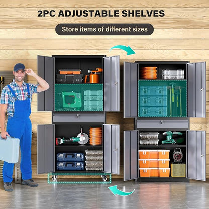Metal Garage Storage Cabinet with Wheels and Drawer,Gray Rolling Garage Cabinet with Locking Doors and Adjustable Shelves,73" Tall Mobile Metal Storage Cabinets on Wheels for Home,Office,Garages,Tool