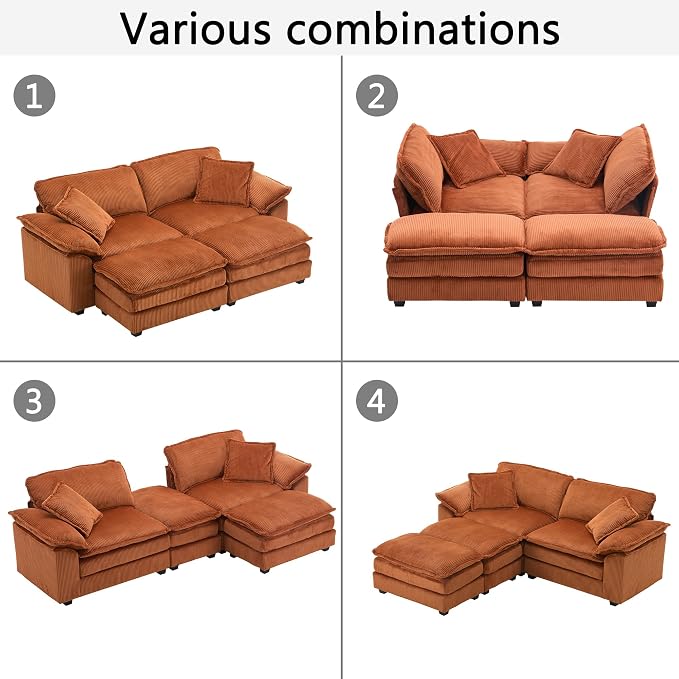 84.6” Corduroy Loveseat with Ottoman, Oversized Double Chaise Lounge Chair Indoor Deep Seat Two Seater Couch Cloud Couch Modular Sectional Sofa for Living Room(Corduroy Orange)