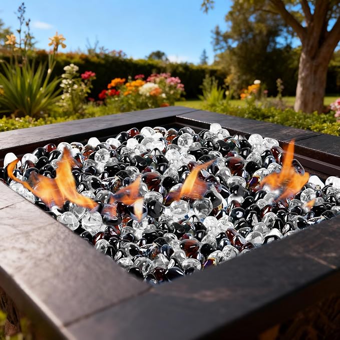 Blended Fire Glass Diamonds for Propane Firepit, Fireplace and Outdoor Decorative, 1 Inch Firepit Glass 20LB (Crystal Ice +Onyx Black + Amber)