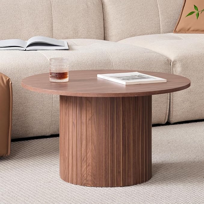 Round Nesting Coffee Tables for Living Room, Set of 2, Brown | φ27.6 + φ15.8 Boho Small Circle Side Tables, Fluted Drum Design Non-Slip Feet Minimalist Modern End Table Wood Grain Finish