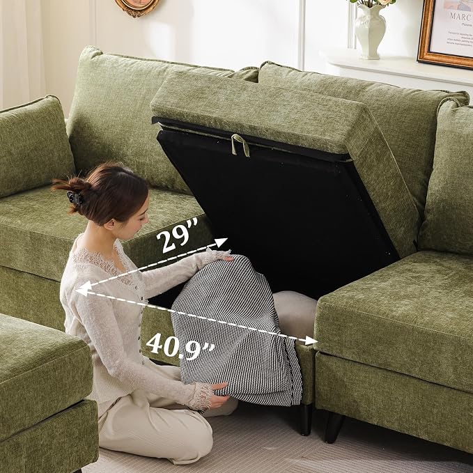 94'' Modular Sectional Sofa with All Seats Storage,Oversized 3-Seater Comfy Couches with Throw Pillows,Big Loveseat for Living Room,Bedroom,Chenille,Green